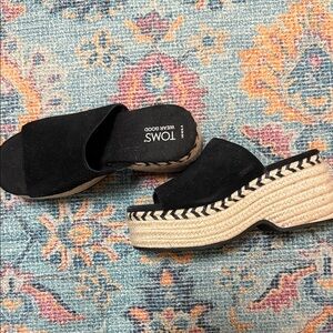TOMS Black Suede Espadrille Platform Slides
